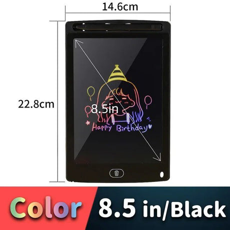 8.5-inch black digital drawing tablet with measurements and a sample drawing on screen.