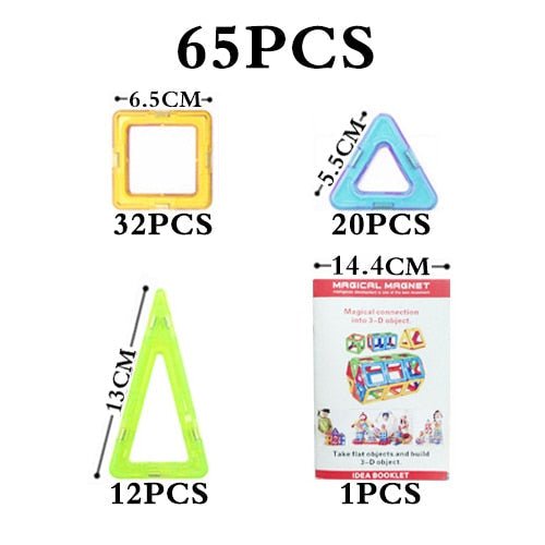Set of colorful magnetic shapes with measurements and packaging.