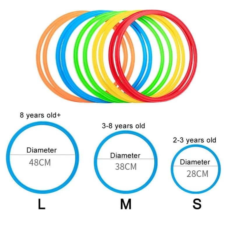 Colorful hula hoops with size chart for different age groups