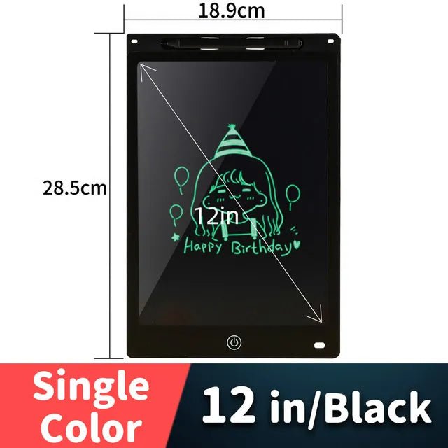 Black electronic writing pad with a green drawing and measurements