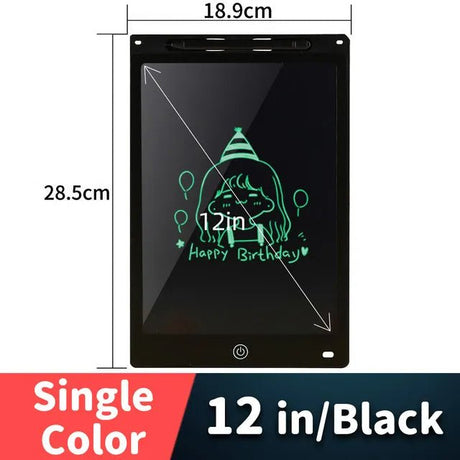 Black electronic writing pad with a green drawing and measurements