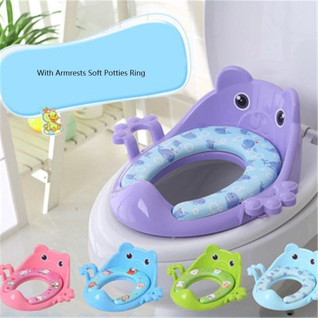 Purple octopus-shaped potty seat with armrests on a toilet, surrounded by smaller octopus toys.