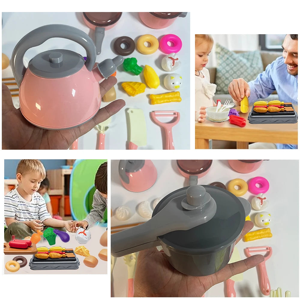 Collage of children playing with toy kitchen set