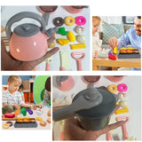 Collage of children playing with toy kitchen set