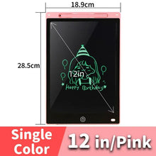 Pink electronic writing pad with measurements and a sample drawing 