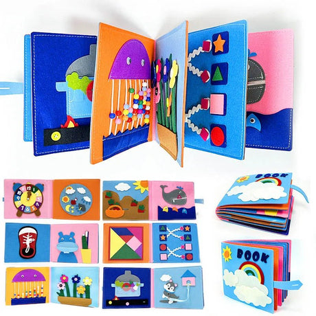 Colorful children's soft book with various interactive elements on a white background