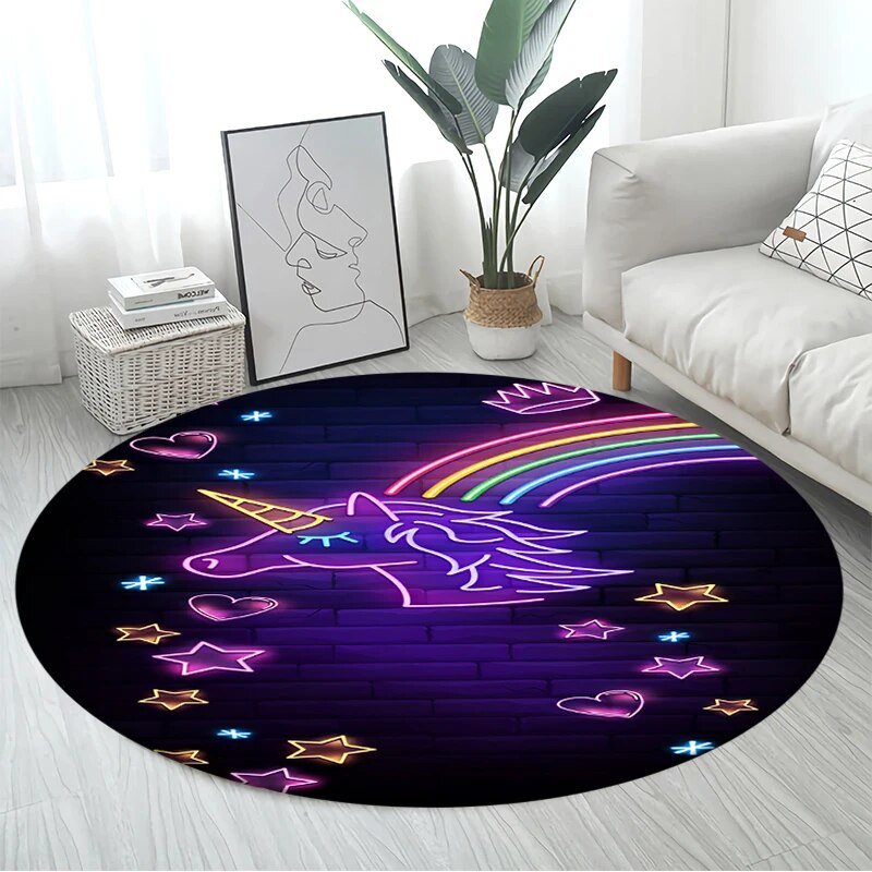 Unicorn and rainbow 3D cartoon non-slip round mat for children to play, crawl, and relax on at home.