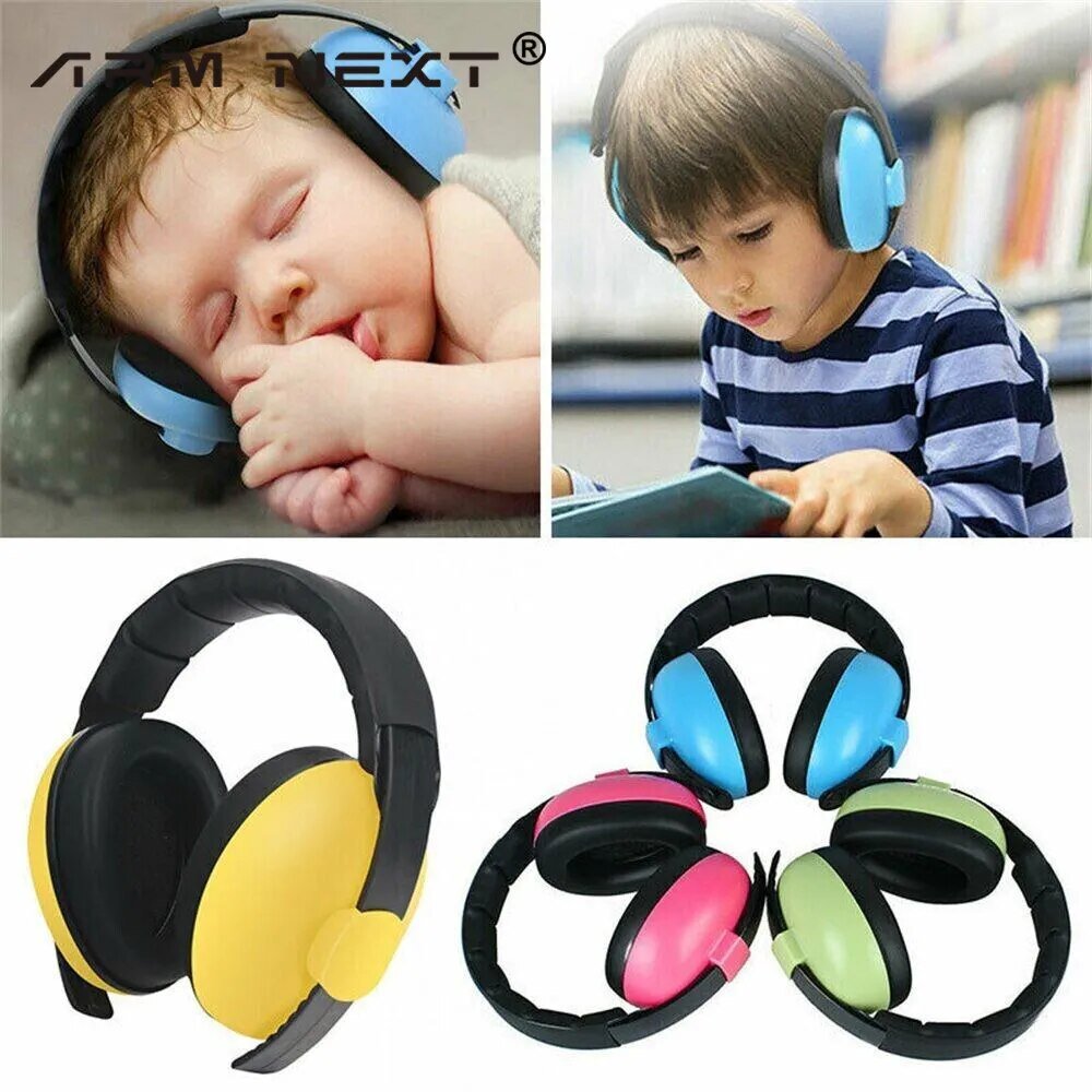 Children wearing blue noise-reduction earmuffs for quiet sleep and travel outings.
