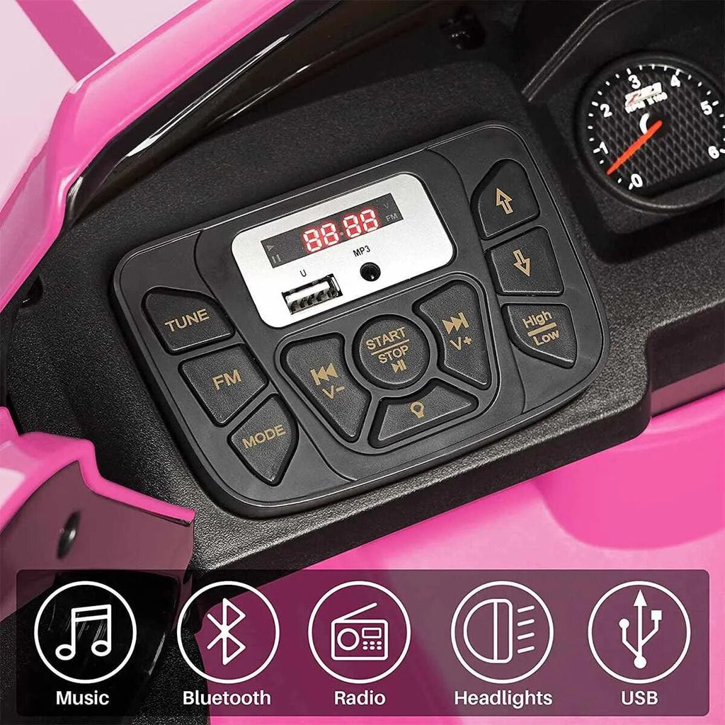 Control panel with buttons and display on a pink vehicle, featuring music, Bluetooth, radio, headlights, and USB functions.