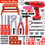 Set of toy tools including a drill, pliers, and screwdrivers.