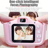Pink children's camera with a screen displaying two children.