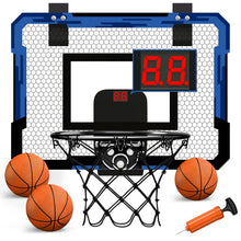 Children wall-mounted folding basketball hoop set with scoreboard, balls, and pump for family games.