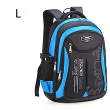 Black and blue backpack with visible brand logo.