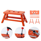 Orange toy workbench with tools.