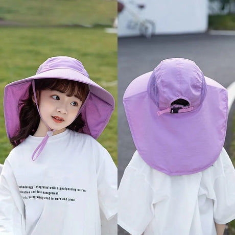 Child wearing a purple sun hat with a wide brim, shown from front and back views.