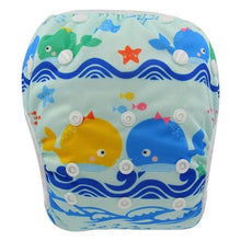 Ocean print children swim diaper, a unisex waterproof pant for keeping pools and beaches clean during water play.
