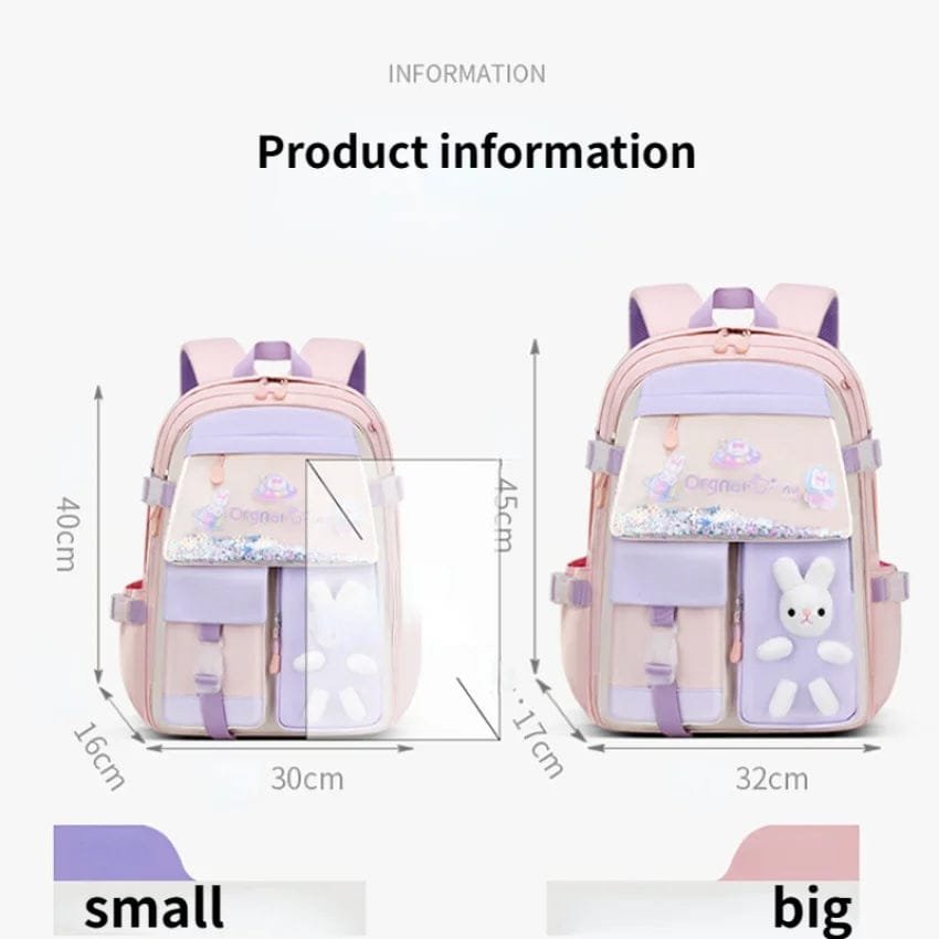 Waterproof Children's Backpack size guide showing small and large options for nursery, school, and travel use.