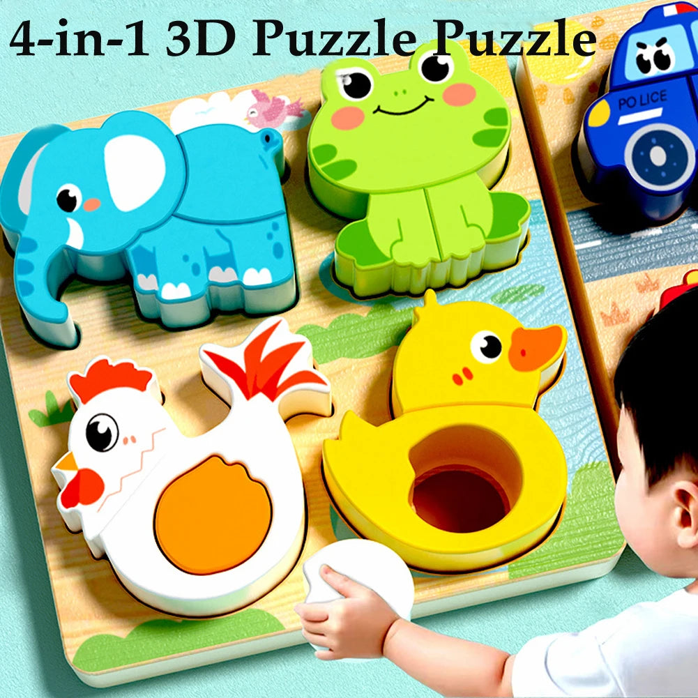 Child's hand placing a white piece into the elephant, frog, chicken and duck puzzle board