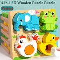 Wooden puzzle board with chunky elephant, frog, chicken and duck pieces and a text label