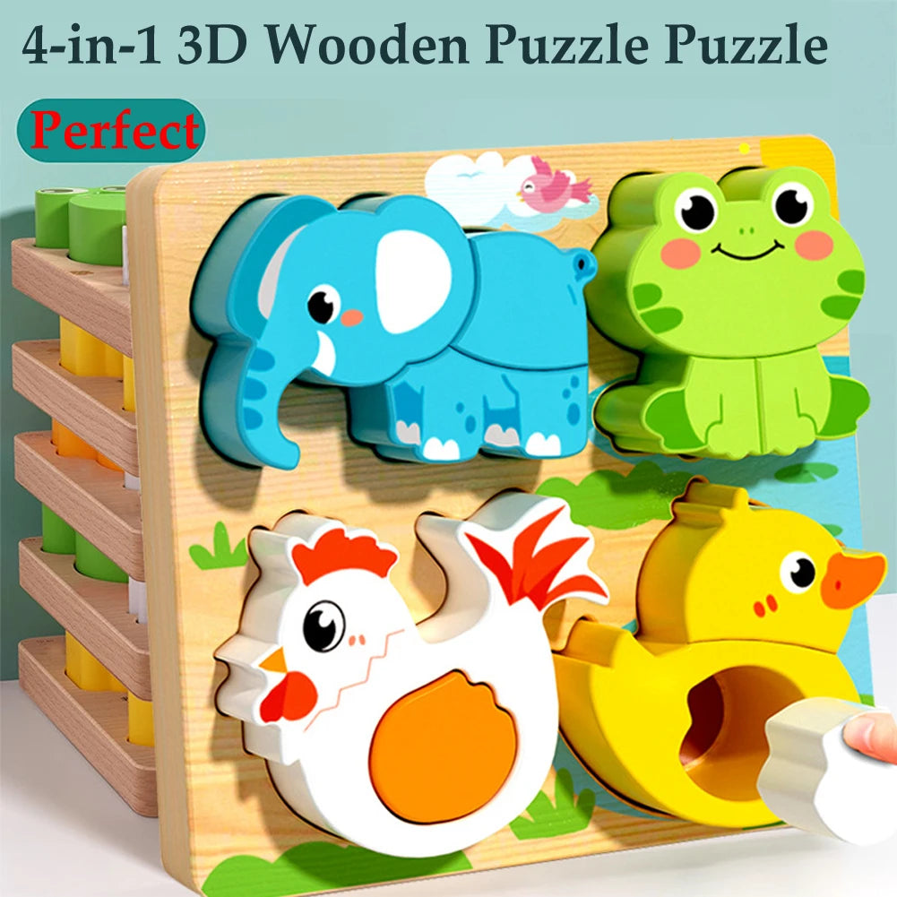 Wooden puzzle board with chunky elephant, frog, chicken and duck pieces and a text label