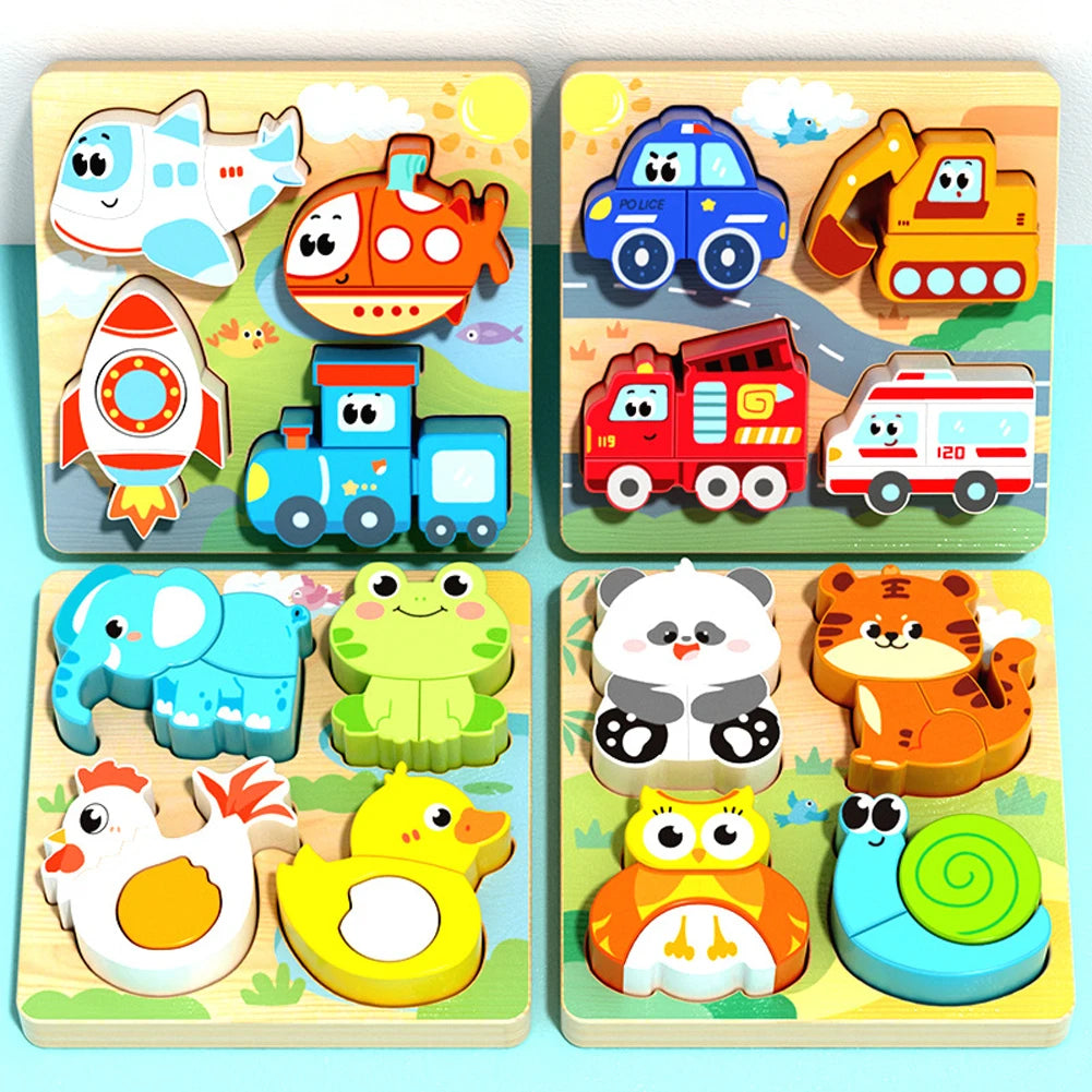 Four wooden puzzle boards showing transport, vehicle and two animal designs