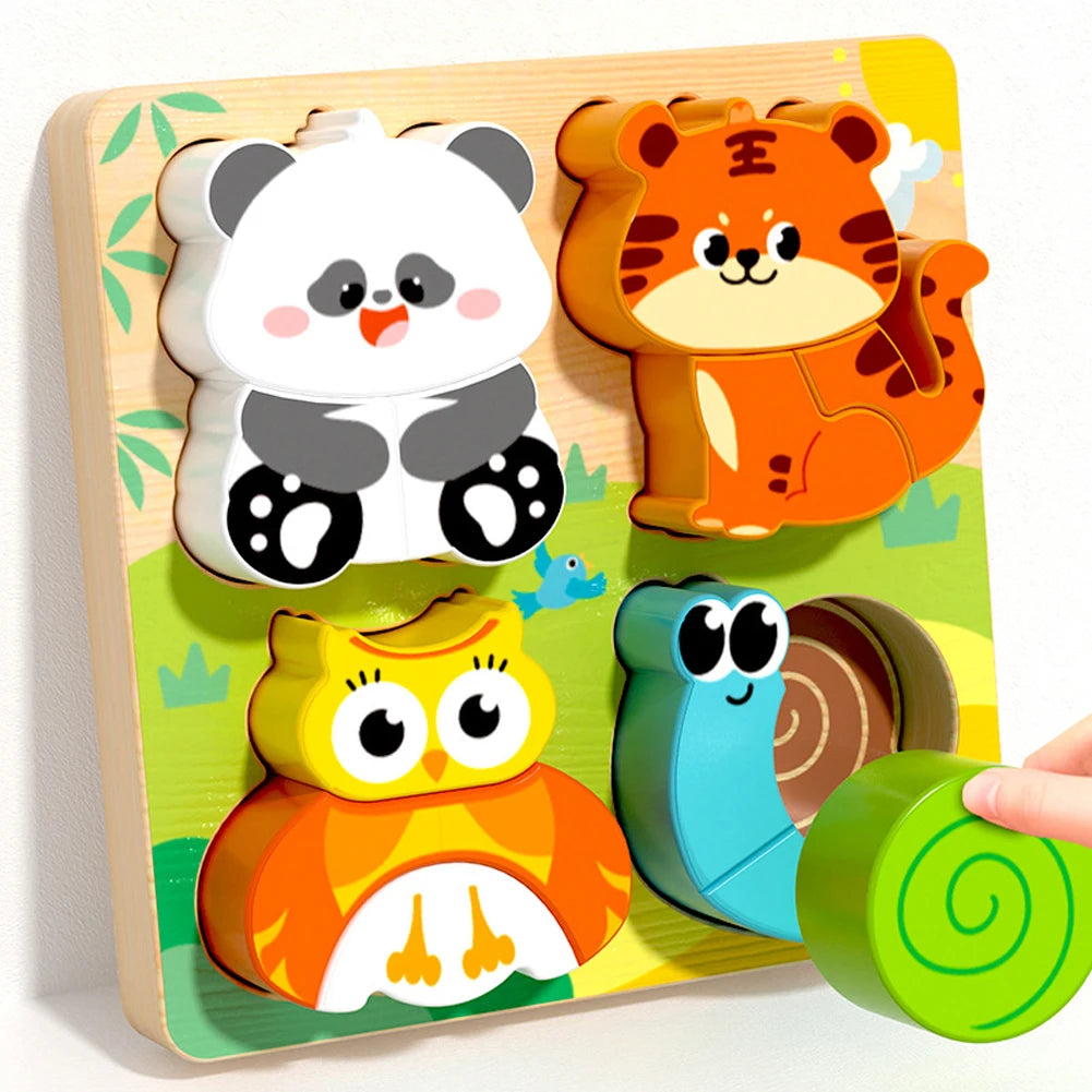 Wooden puzzle board with panda, tiger, owl and snail pieces and a green spiral piece