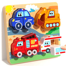 Wooden puzzle board with police car, excavator, fire truck and ambulance pieces