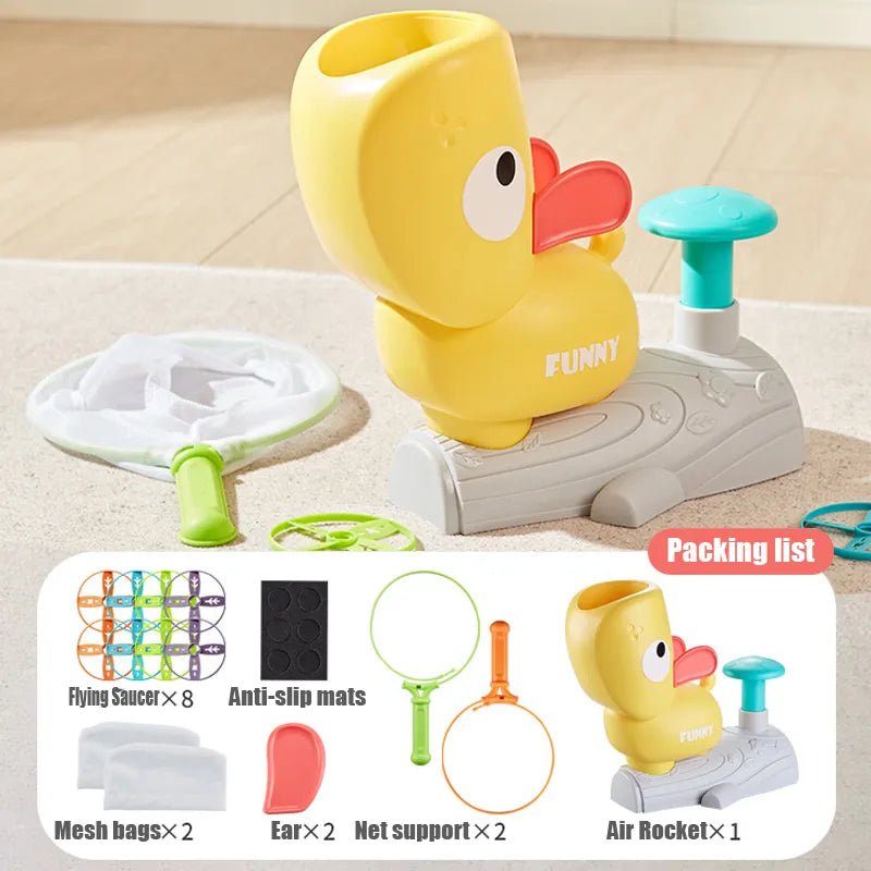Yellow duck-shaped toy with accessories on a tiled floor, showing a packing list below.