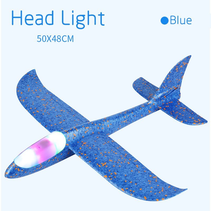 Blue airplane-shaped headlight with speckled pattern.