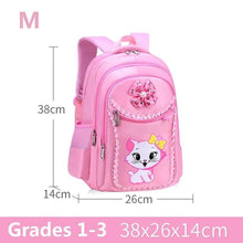 Classic pink cat school backpack set with dimension details, a daily book bag for primary school girls.