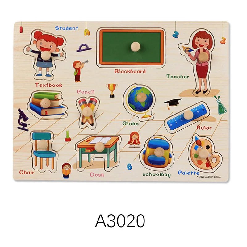 Montessori wooden classroom-themed puzzle with labeled parts for left-to-right work and reading readiness.