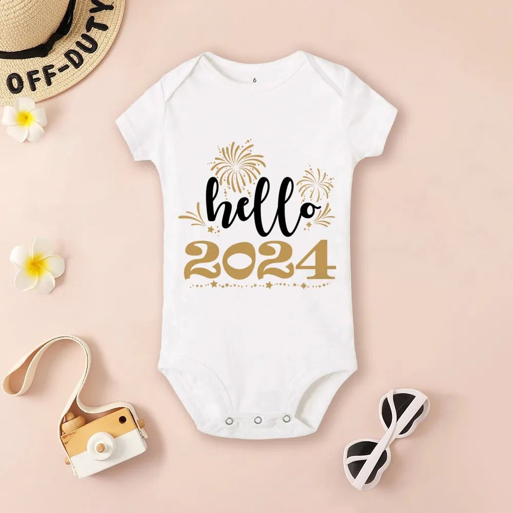 White baby onesie with 'hello 2024' text (option 11)