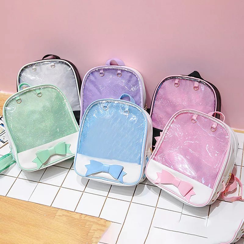 Clear Itabag with Bow-knot Harajuku backpack collection displayed for choosing a teen accessory bag.