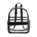 Clear PVC backpack with black straps, a waterproof stadium bag that meets see-through security requirements.