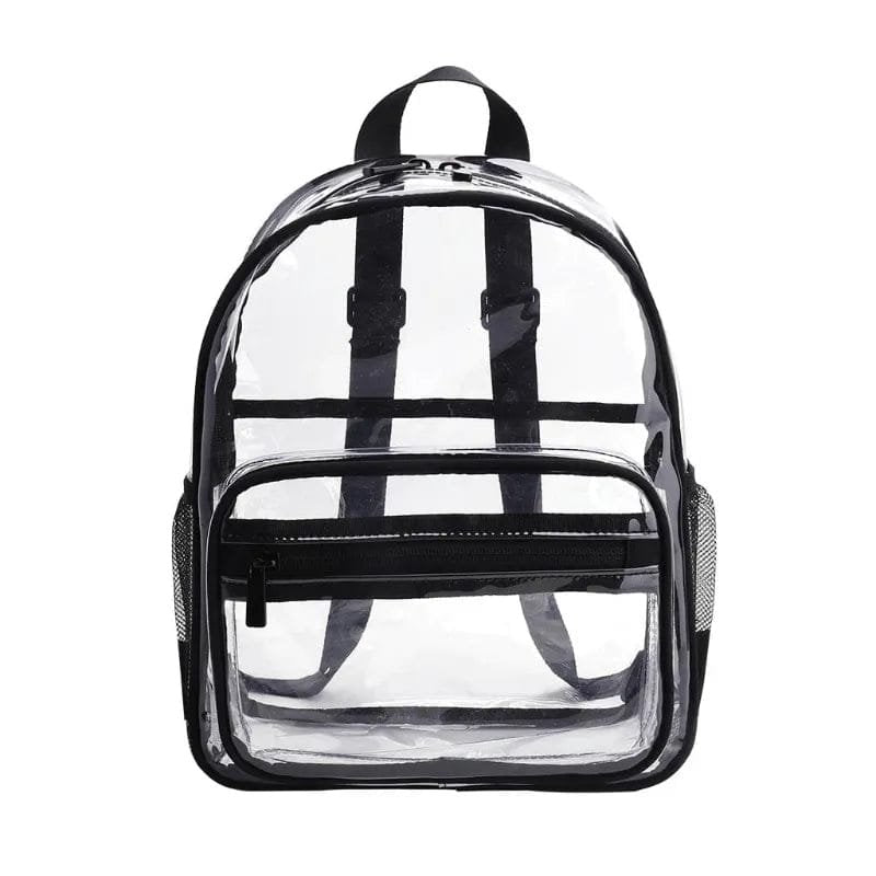 Clear PVC backpack with black straps, a waterproof stadium bag that meets see-through security requirements.