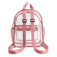 Clear PVC backpack with pink straps, a waterproof transparent bag for beach trips, pools, and outdoor events.