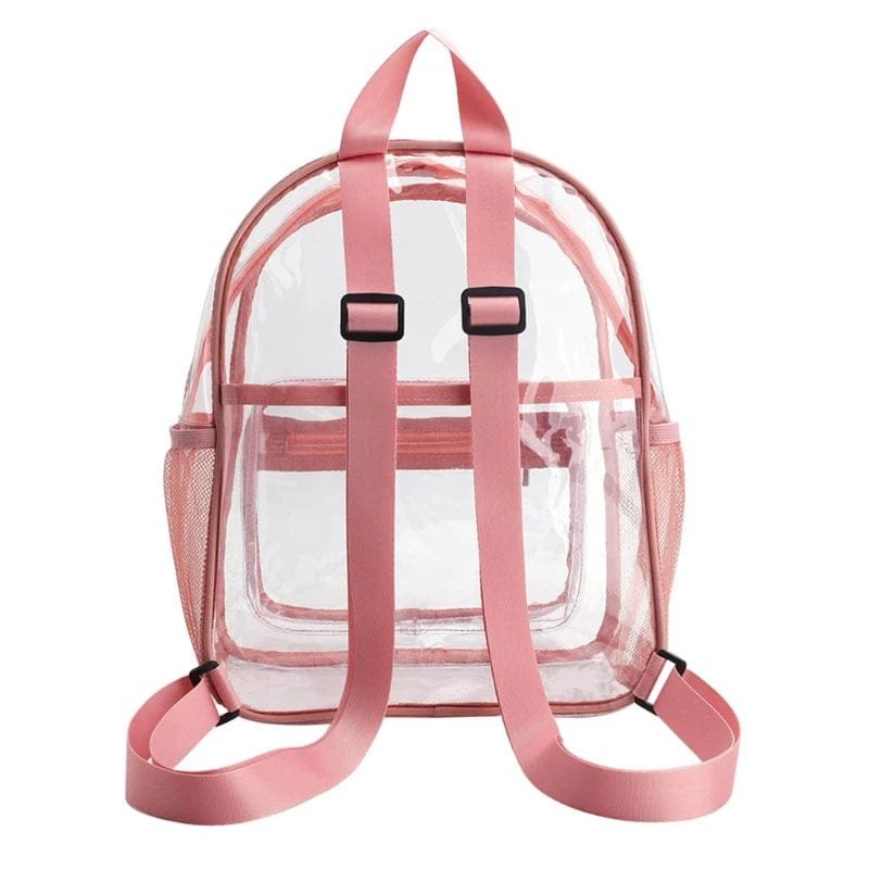 Clear PVC backpack with pink straps, a waterproof transparent bag for beach trips, pools, and outdoor events.
