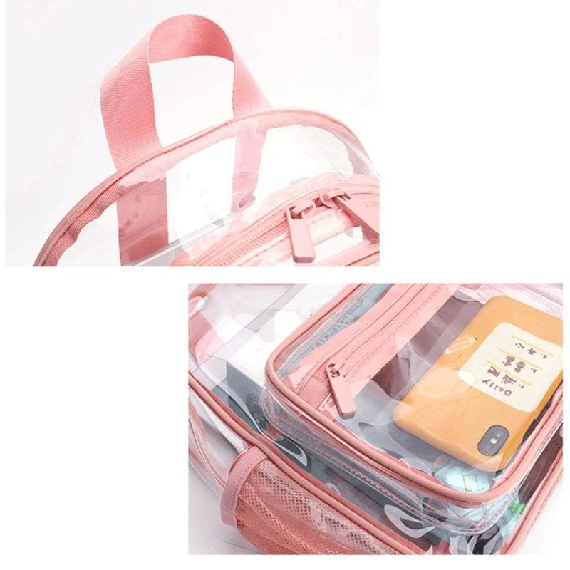 Pink clear PVC travel backpack holding a phone, an easy-to-scan bag for concerts, festivals, and airport security.