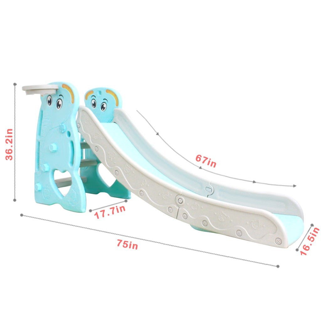 Kids Climbing Stairs Slide Basketball Game Set shown with measurements for choosing the right size for play.