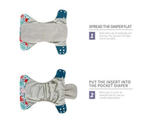 Step-by-step instructions for placing the Elinfant gray microfiber insert inside a cloth diaper for daily use.