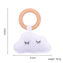 Cloud with eye crochet wooden baby rattle and teether ring, a playful colour option for teething babies.