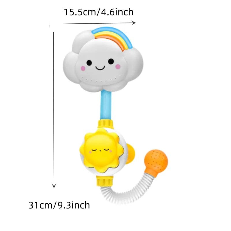 Swimming Water-Spraying Cloud and Flower Bath Toys cloud and sun sprayer with measurements for planning tub setup.