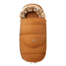 Brown cold weather baby stroller sleeping bag used as a cosy pram insert for winter naps and long outdoor walks.