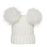 White knit beanie with fluffy pom-poms