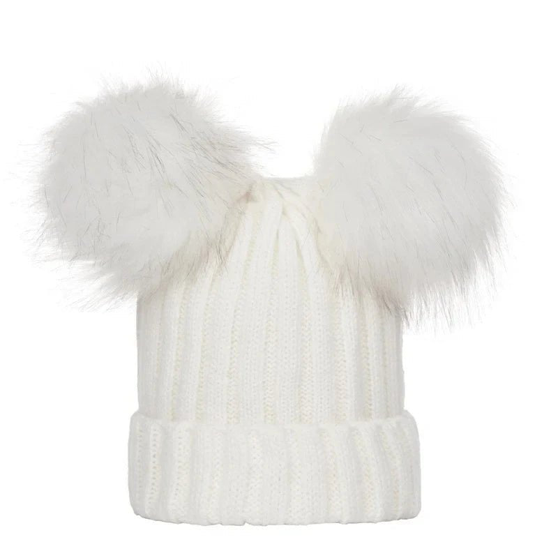 White knit beanie with fluffy pom-poms (option 2)