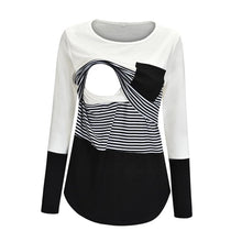 Color-Block Striped Maternity Nursing Tee in black and white stripe for nursing and daily outings.