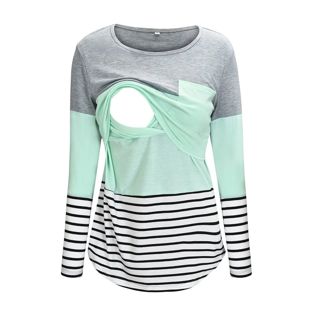 Color-Block Striped Maternity Nursing Tee flat lay showing the long-sleeve design for daily wear.
