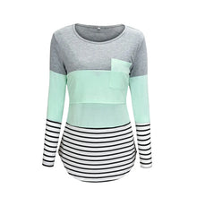 Color-Block Striped Maternity Nursing Tee in gray and mint stripe for nursing and everyday comfort.