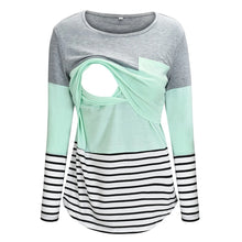 Color-Block Striped Maternity Nursing Tee with mint color block and striped hem for postpartum wear.