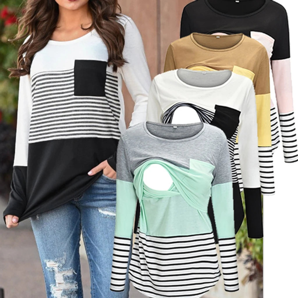 Color-Block Striped Maternity Nursing Tee worn by a model for everyday pregnancy and postpartum wear.